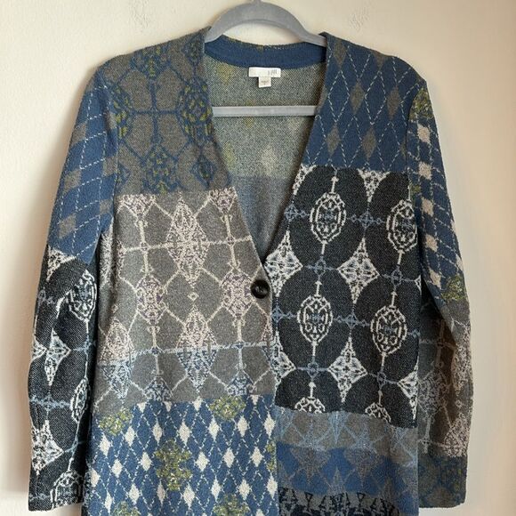 J. Jill Women Patchwork open cardigan duster argyle long sweater blue gray Small - Picture 2 of 11